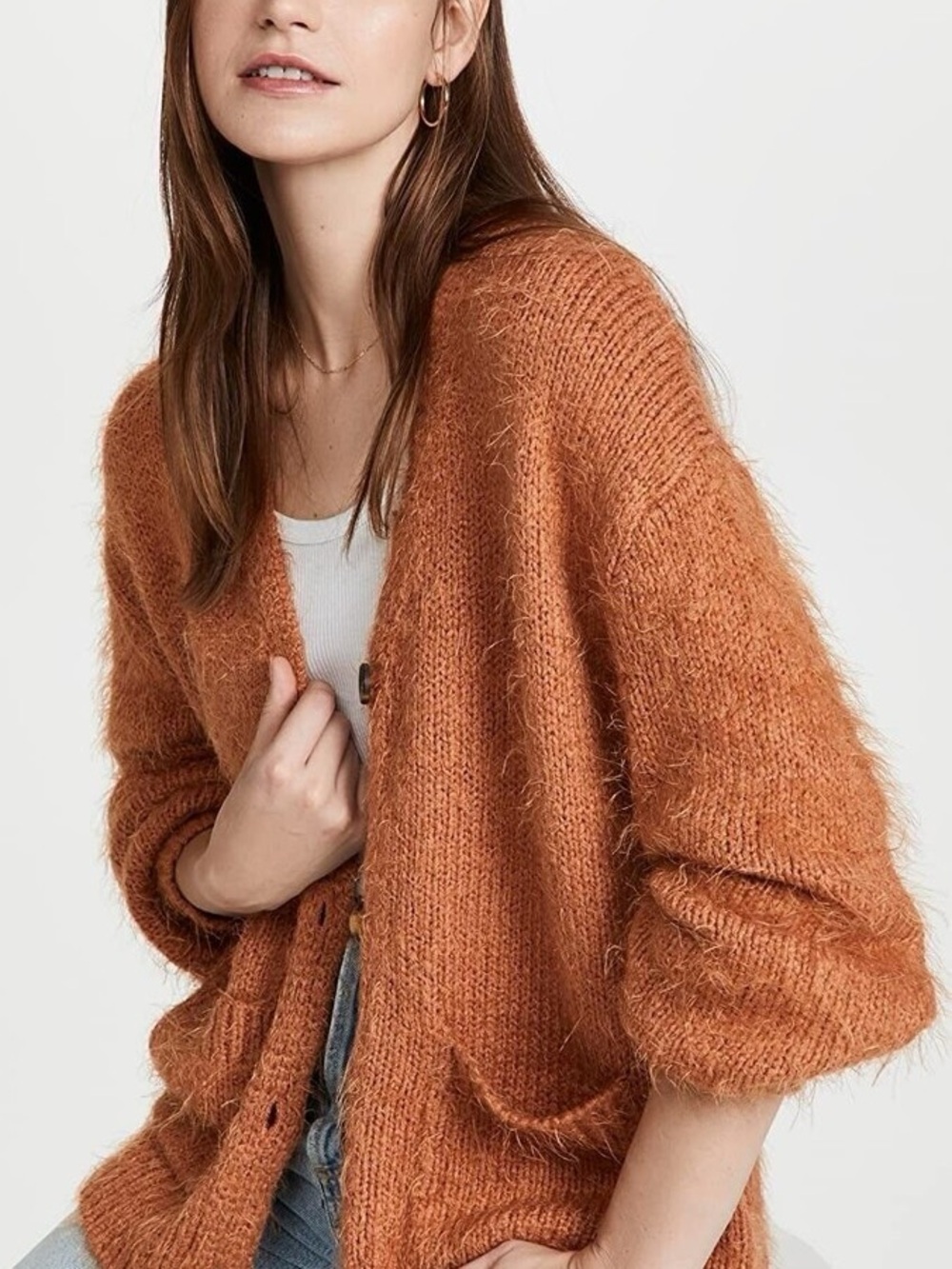 Free People Fuzzy Rust Orange Button Oversized Cardigan